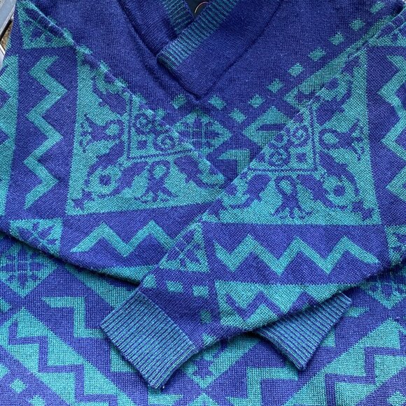 Vintage Bogner - Nordic Ski Sweater - 100% Wool - Geometric Navy Blue and Green - Picture 13 of 16